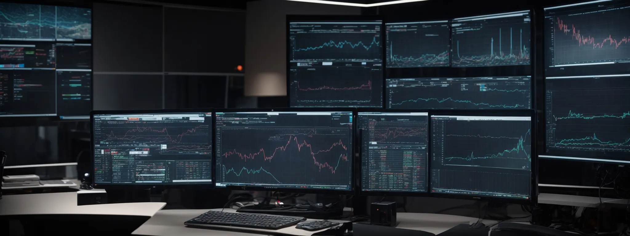 A workstation with multiple monitors displays various financial charts, graphs, and trading data in a dimly lit office setting.