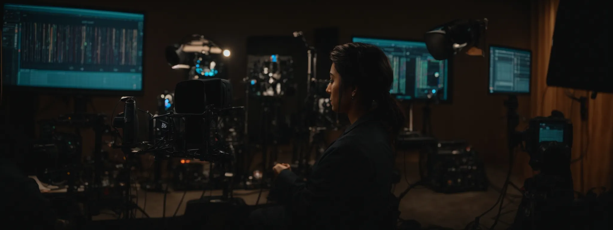 A person sits in a dark room surrounded by computers, monitors displaying data, and various recording equipment.