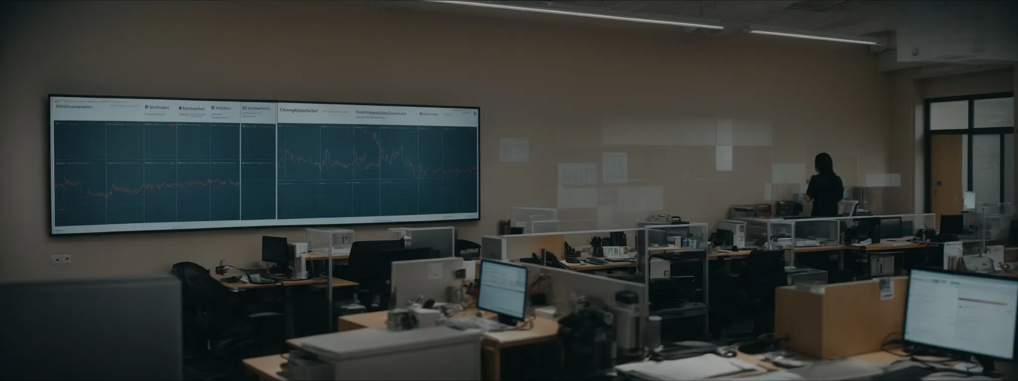 a calendar marked with strategic release dates set against a bustling office with computers displaying analytics graphs.