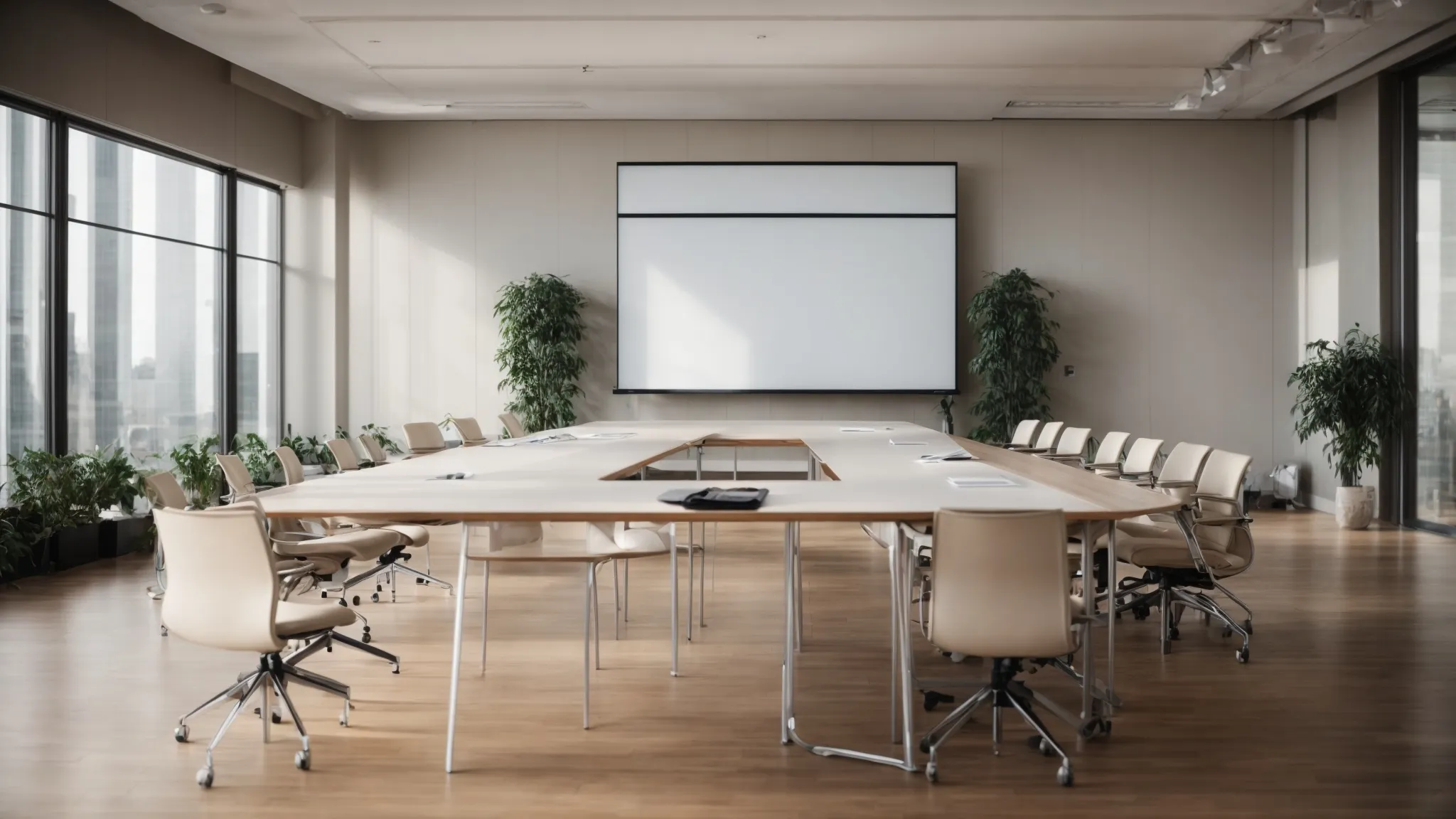 a conference room with a blank whiteboard and several chairs suggests a strategic planning session.