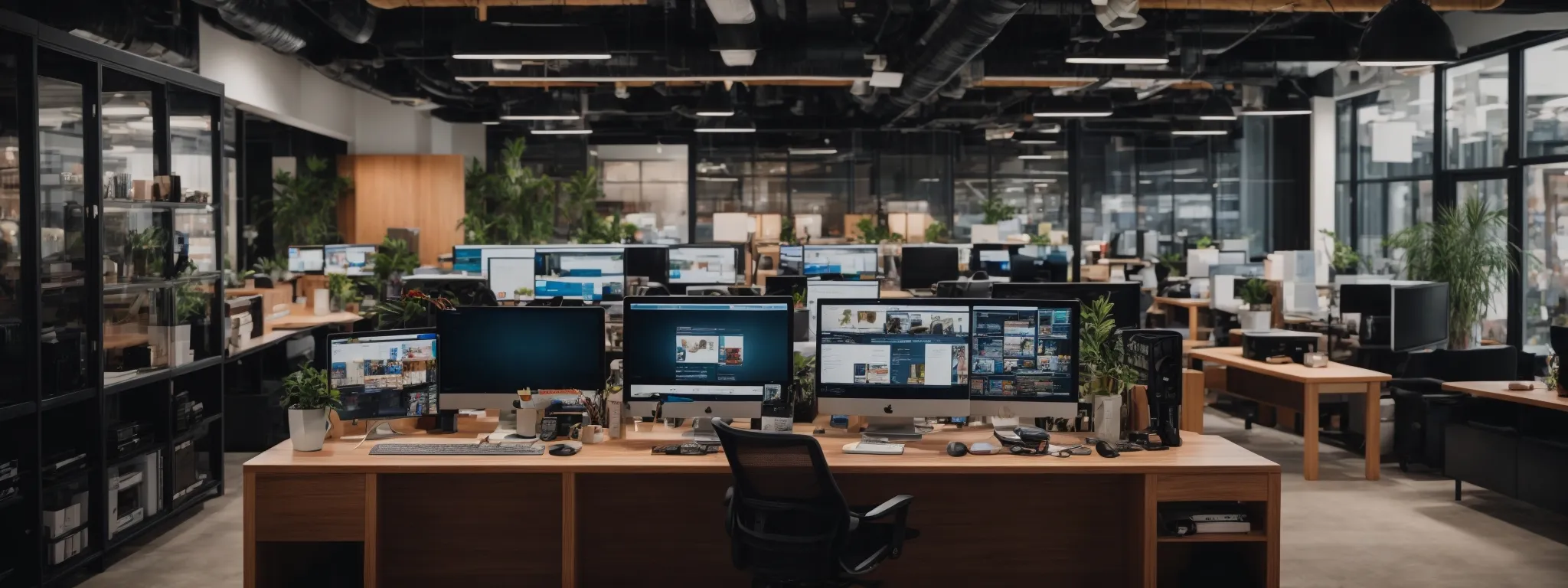 a bustling digital marketing office with multiple screens displaying vibrant online store designs.