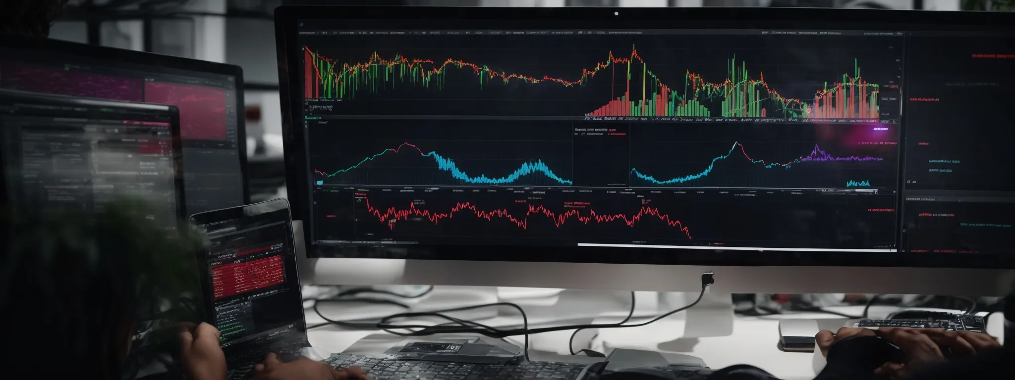 a marketer analyzes vibrant graphs on a computer screen indicating website traffic growth and keyword rankings.