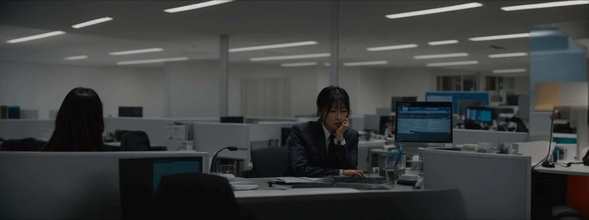 a person browsing yahoo search on a bright computer screen, amidst an office setting suggesting a strategy session.