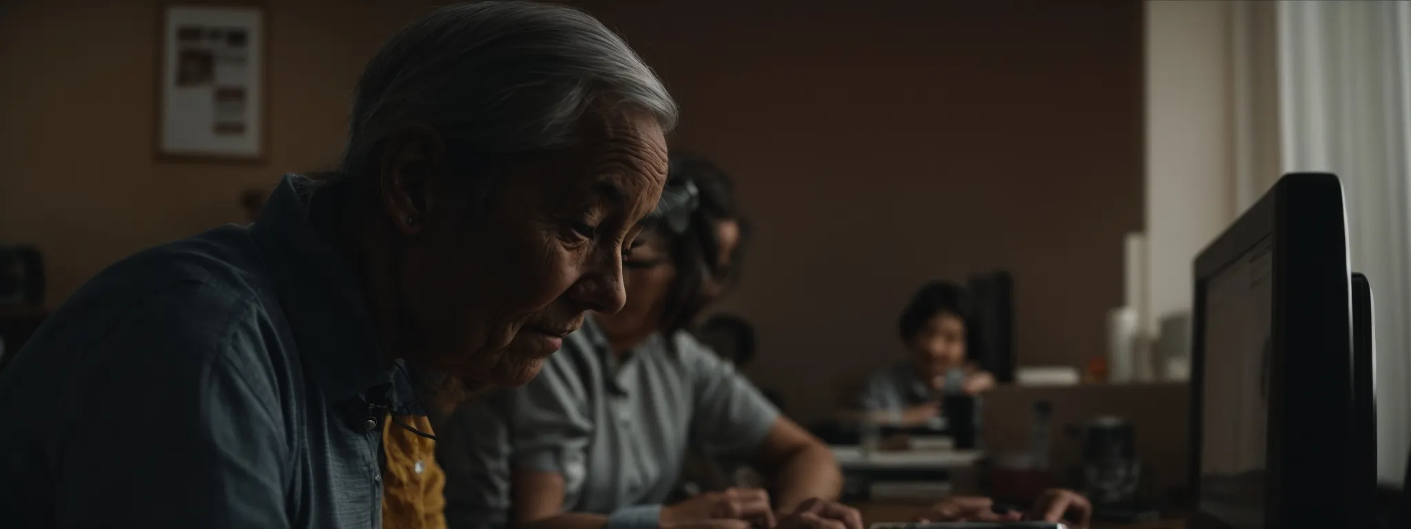 an elderly couple sitting together at a computer, navigating a website.