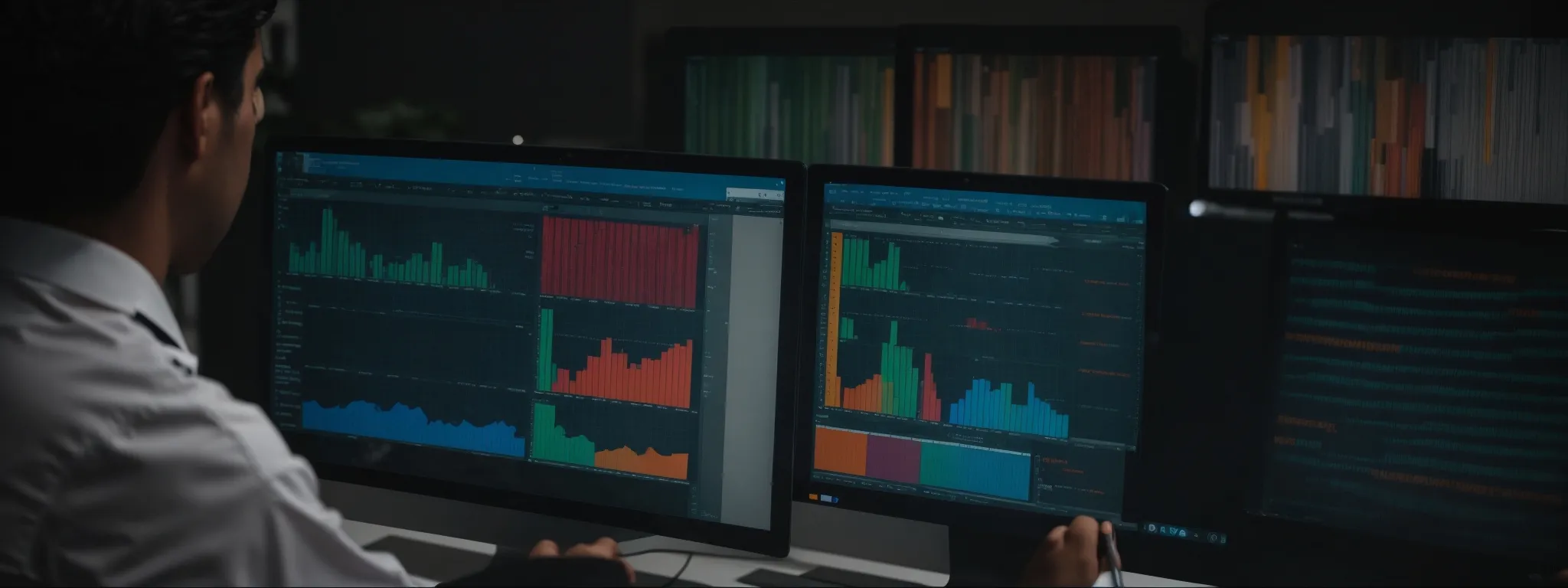 a marketing professional intently studies a colorful excel spreadsheet on a computer screen, filled with meta tag data from various competitor websites.