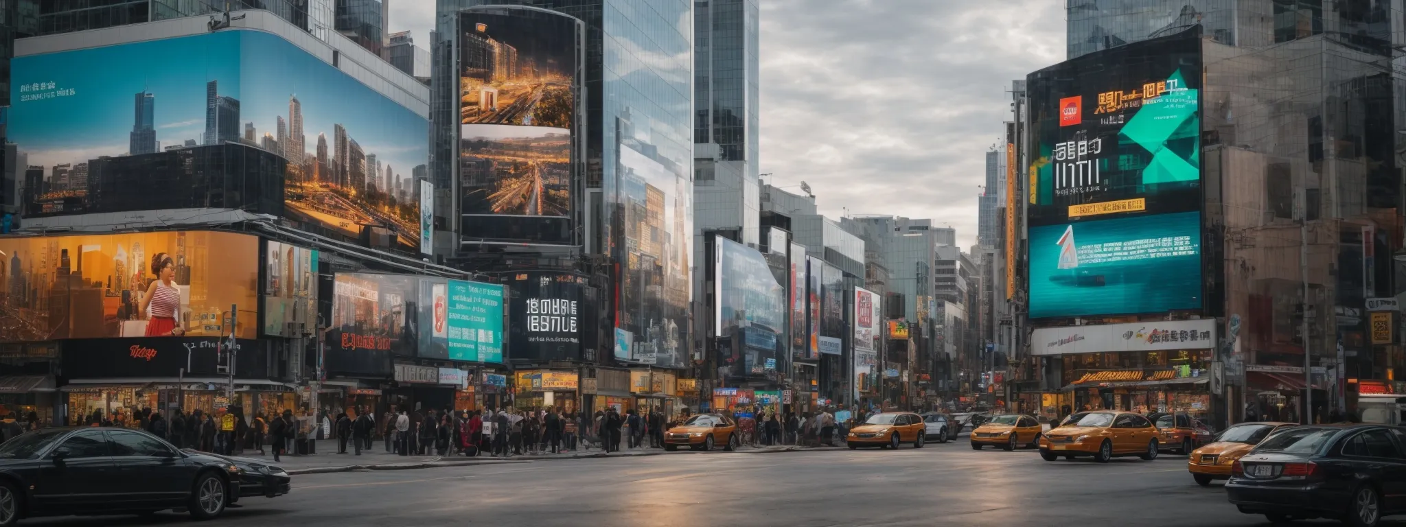 a bustling city street corner with vibrant digital billboards displaying eye-catching advertisements.
