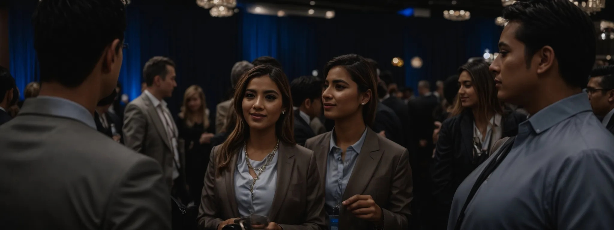 a professional at a networking event engages in conversation with bloggers and influencers.