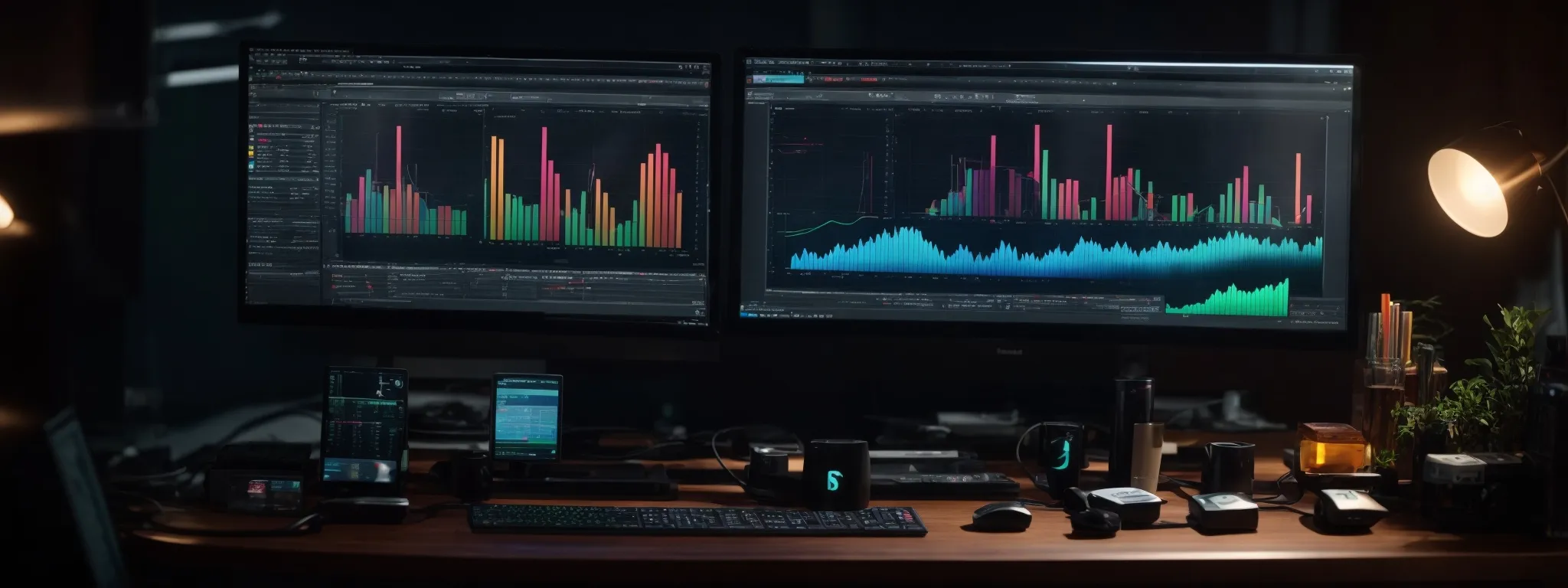 a desktop with multiple monitors displaying colorful graphs and analytical tools.