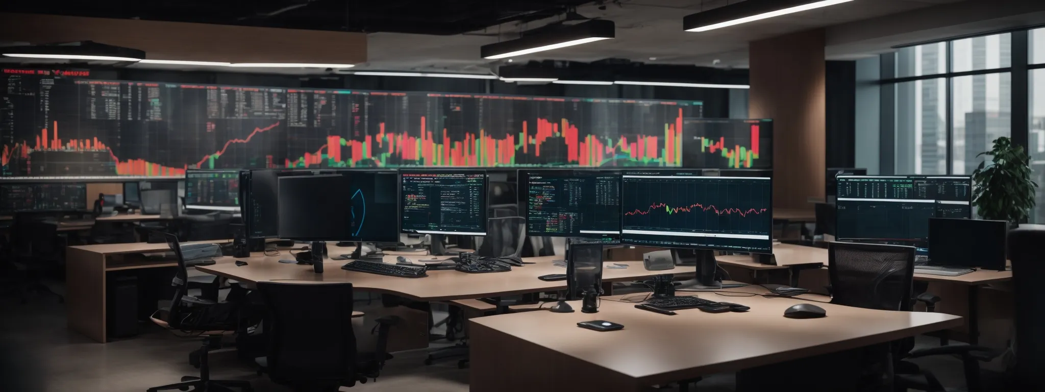 a sleek, modern office space with multiple computer screens displaying colorful graphs and analytics dashboards.