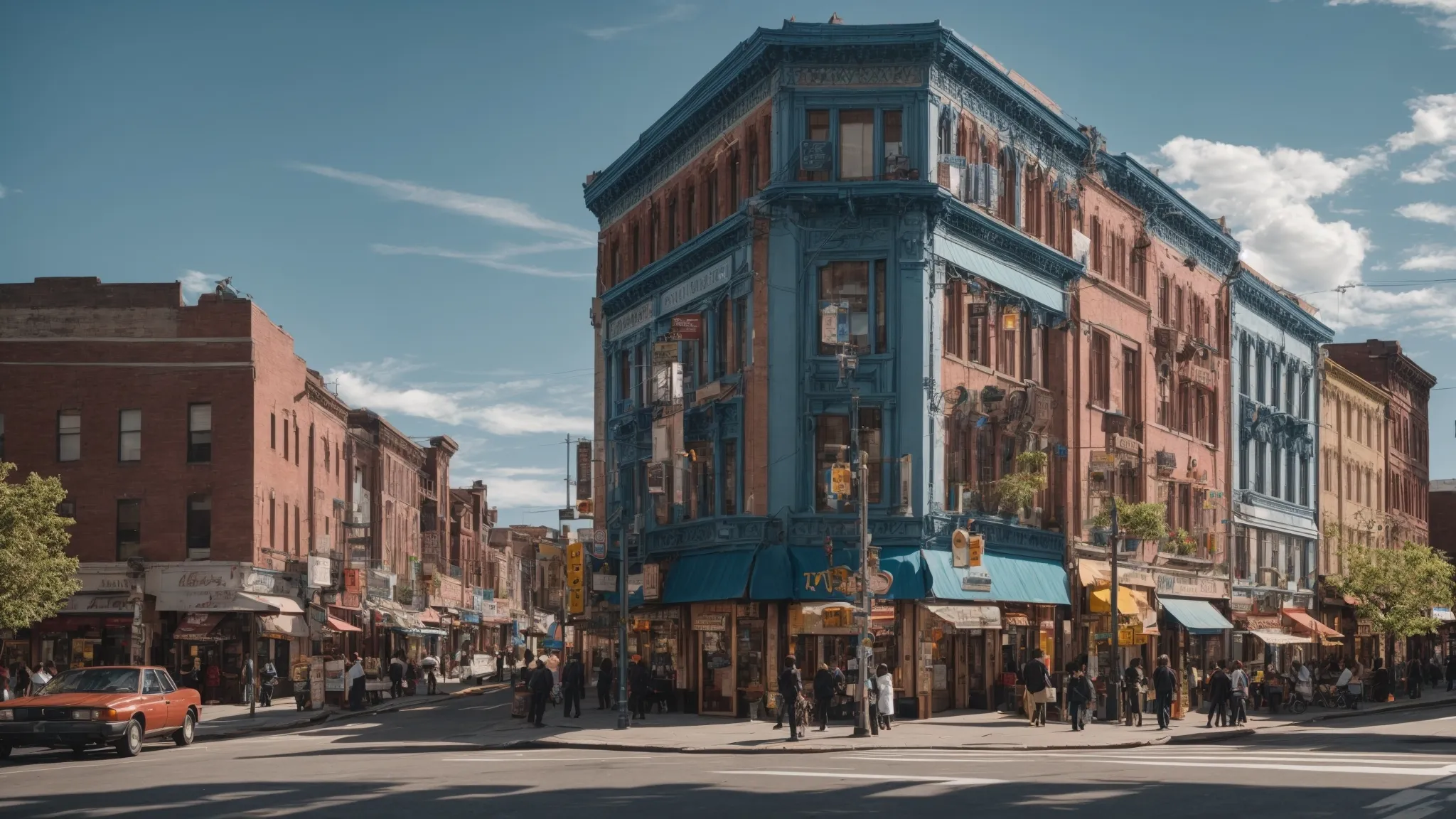 a bustling city street corner bustling with diverse storefronts and pedestrians, all underneath the expanding blue sky that symbolically mirrors the broadening reach of businesses through google maps seo.