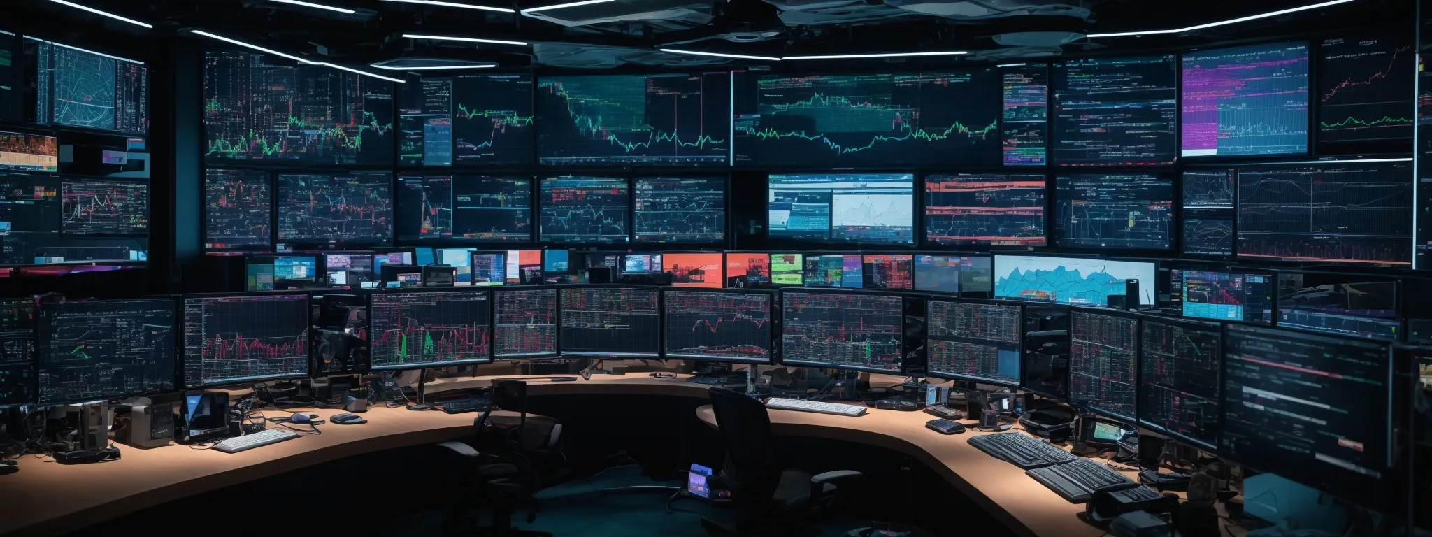 a technologically advanced control center with screens displaying colorful graphs and flowcharts representing website traffic analysis.