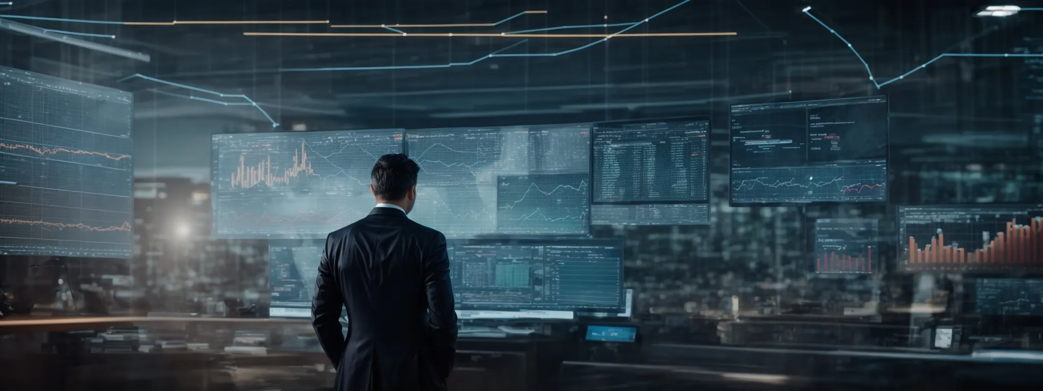 a focused executive evaluates a futuristic digital interface showcasing market analytics and growth projections.