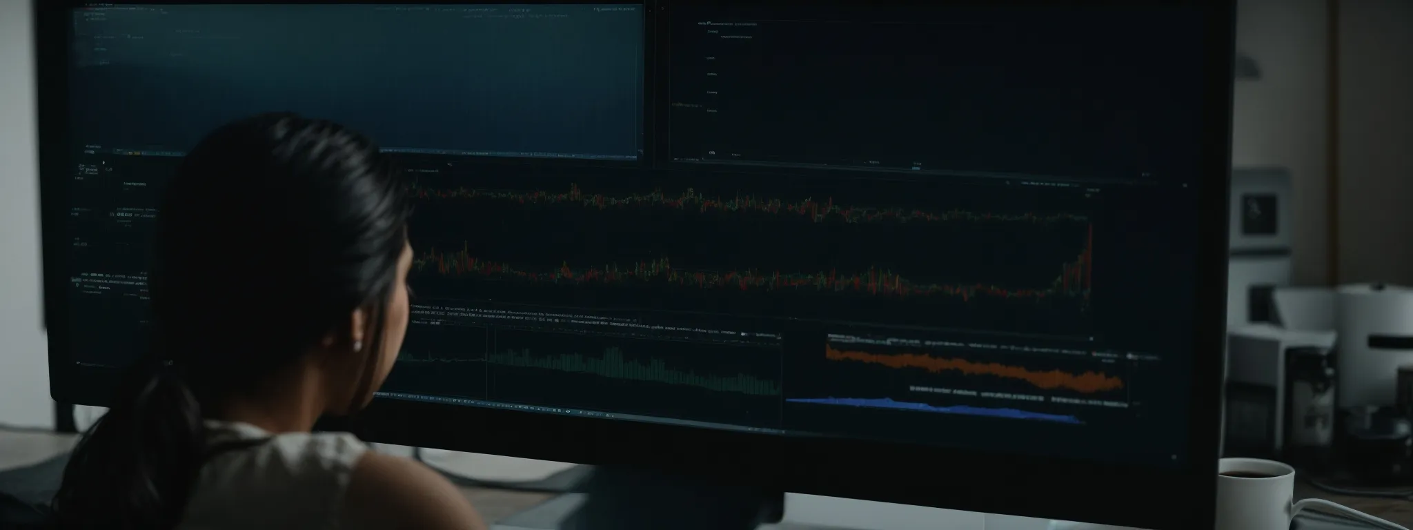 a person sitting at a desk with a computer screen displaying an array of search results, highlighting the advanced search function.