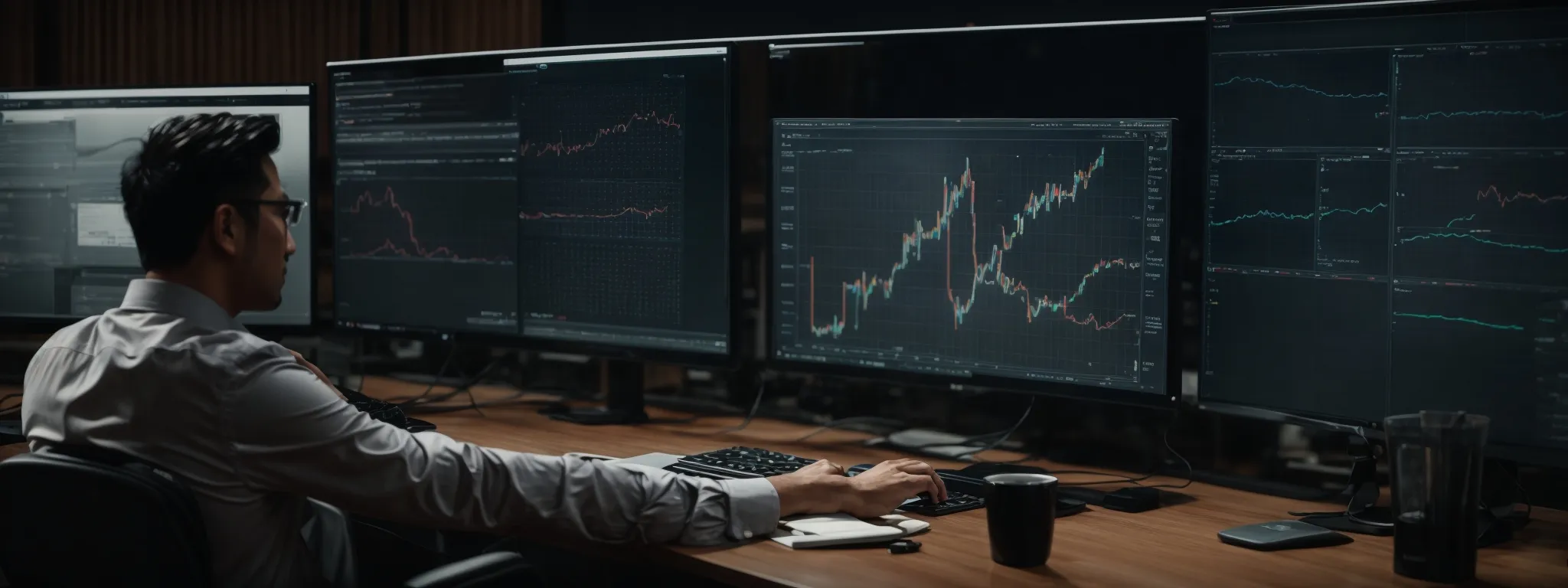 Financial analyst monitoring stock charts and market data on multiple large monitors in a dark office setup.