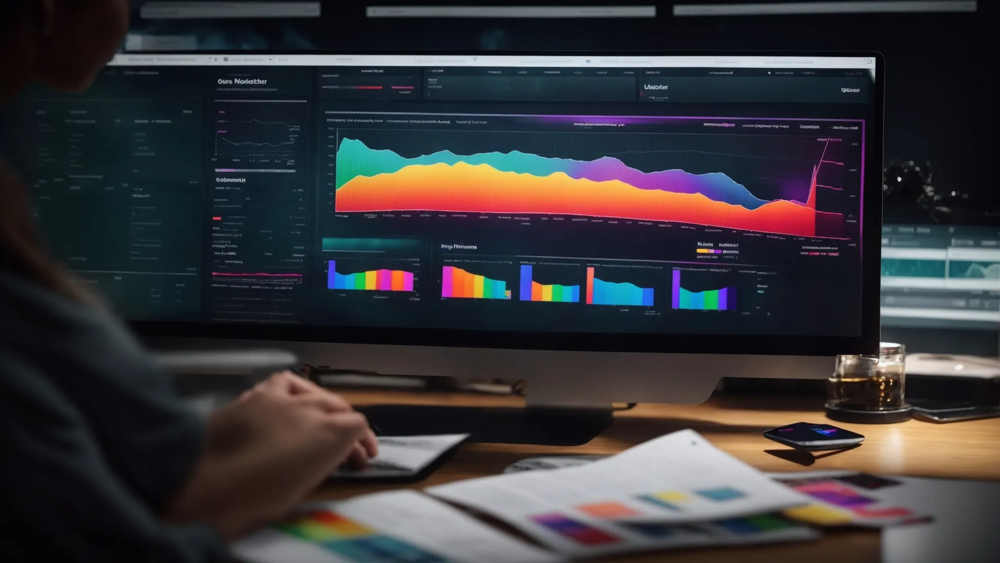 a person reviewing a colorful analytics dashboard on a computer screen, symbolizing the analysis of landing page performance.
