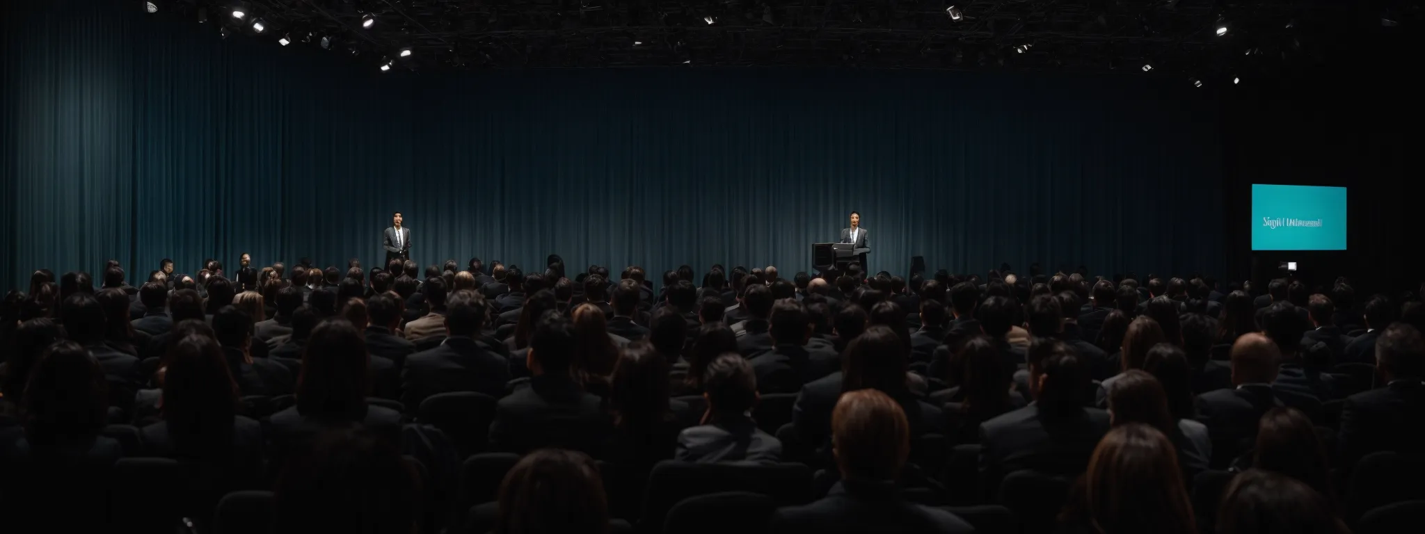a speaker addresses an engaged audience at a digital marketing conference.