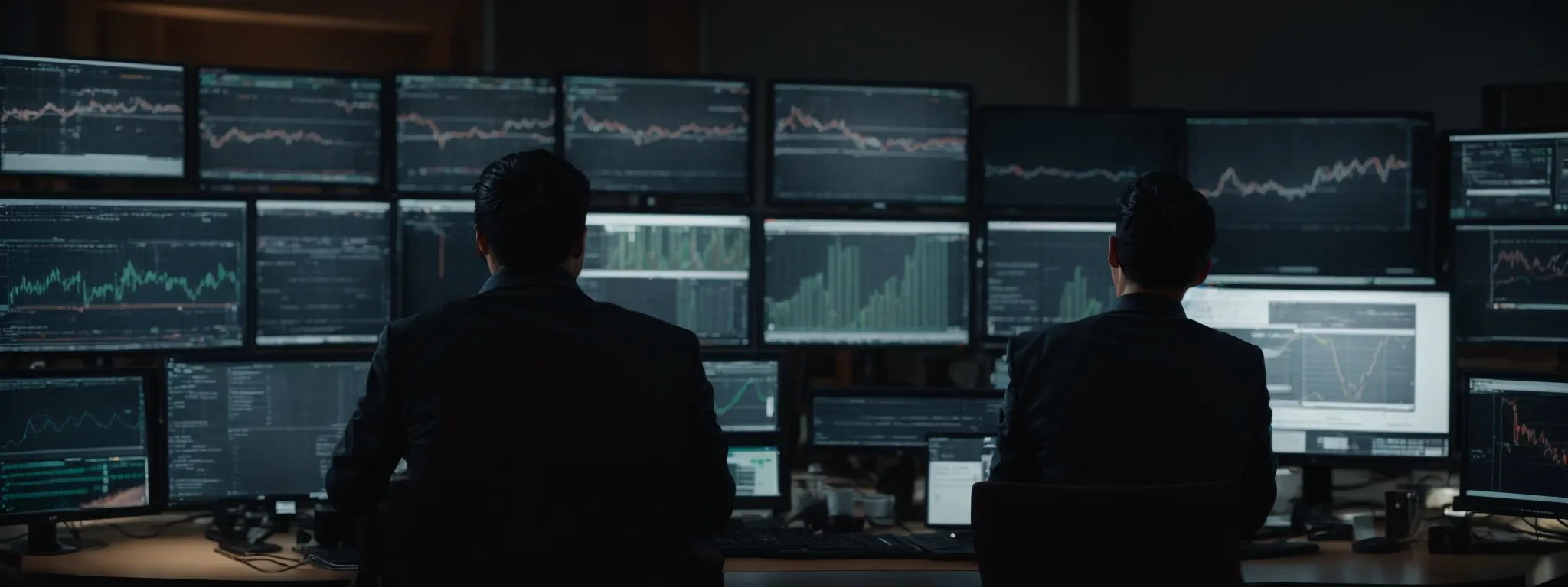 a person sitting at a computer analyzing complex seo analytics on multiple screens for website optimization.