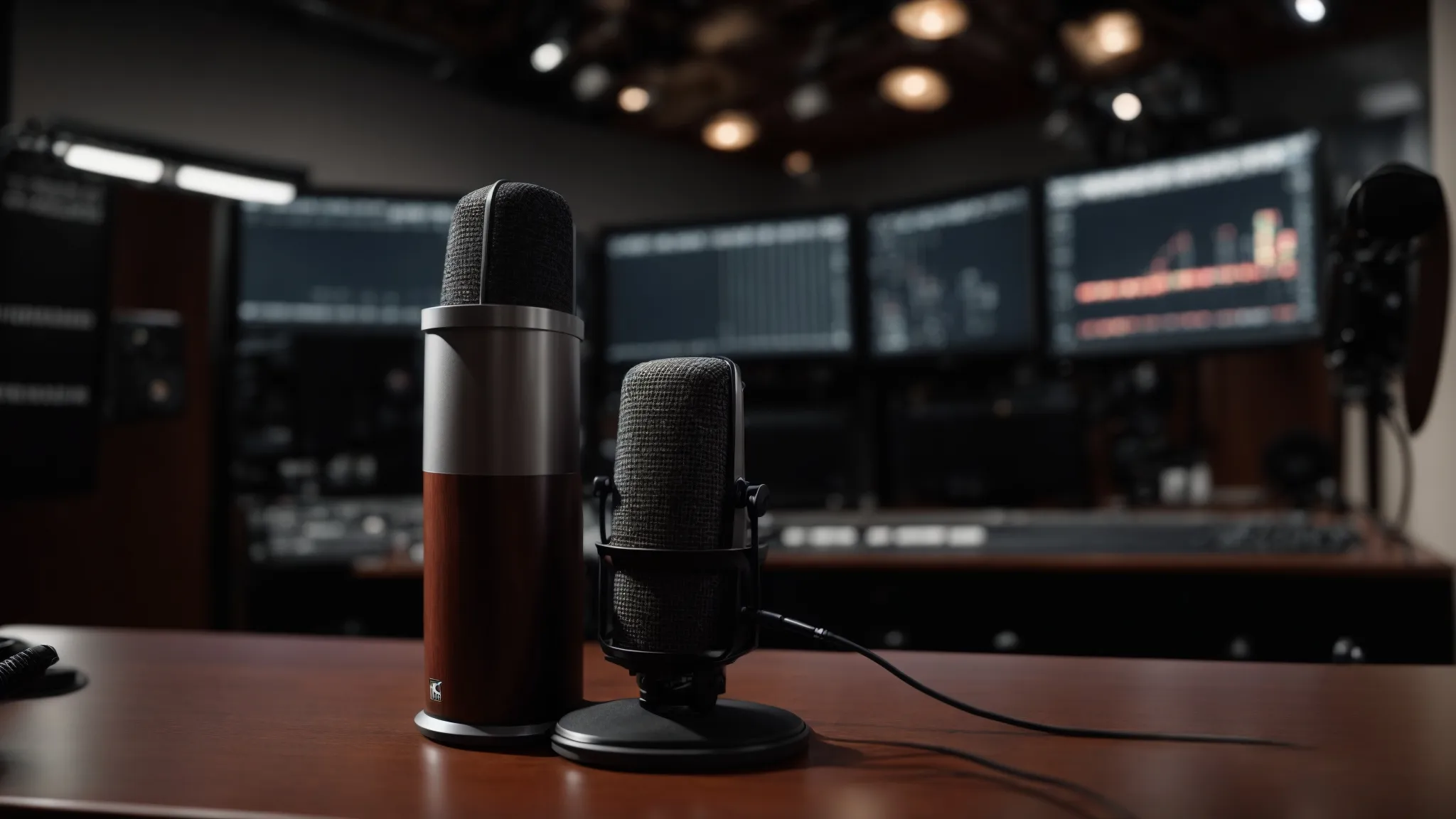 a microphone on a table with a pop filter against a background of broadcasting equipment.