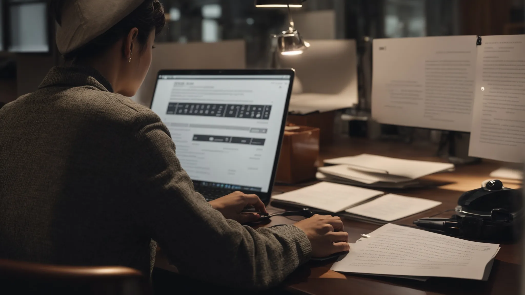 a person typing on a laptop sits thoughtfully, surrounded by notepads with bullet points and headlines highlighted on the screen.