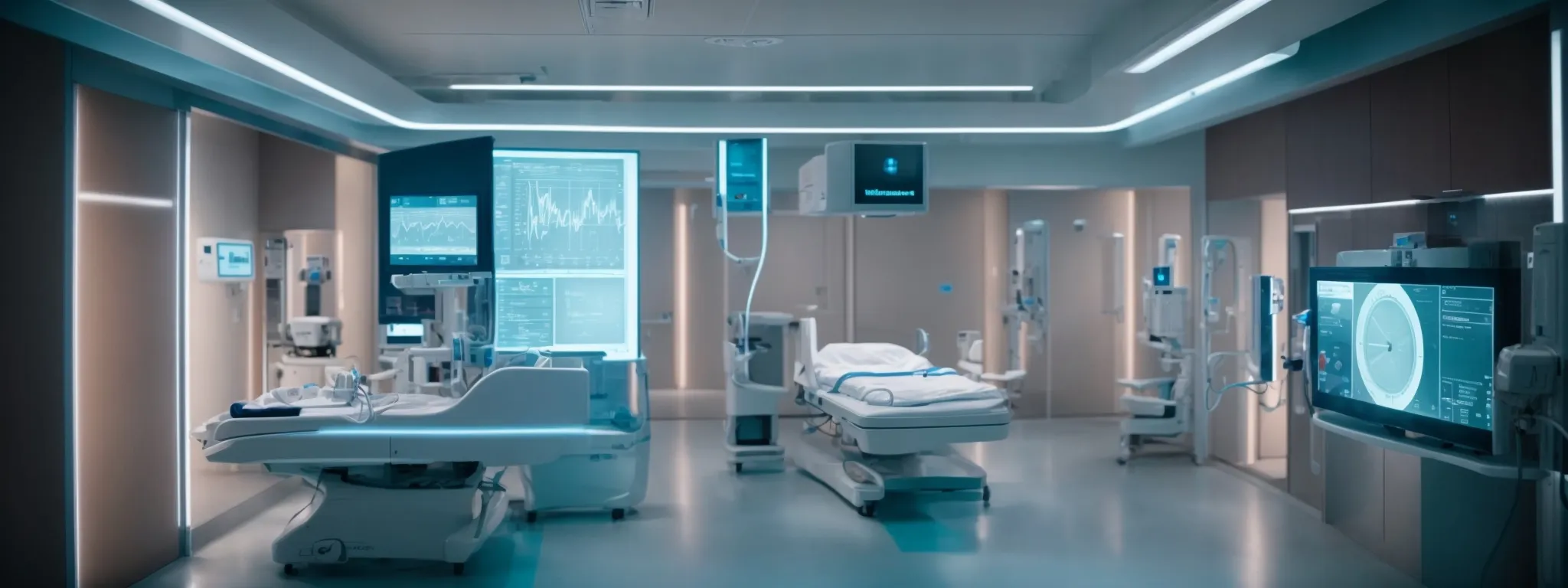 a futuristic medical room with interactive monitors displaying health analytics and a central ai interface coordinating personalized patient care.