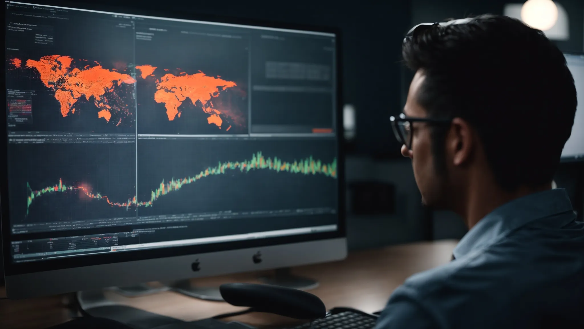 a person analyzing a heatmap representation of global search trends on a computer screen in a modern office setting.