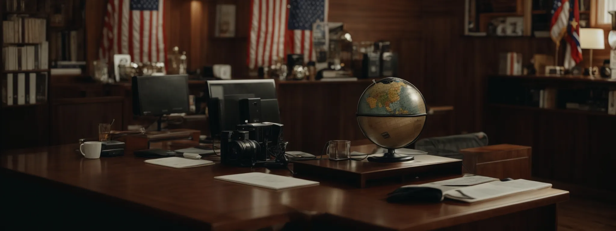 a globe centered on a desk, surrounded by multiple flags, with a computer displaying a search bar.