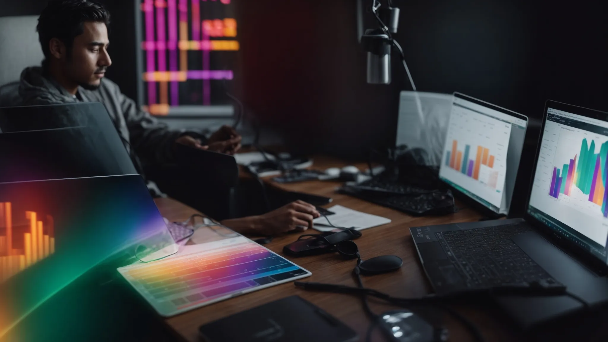 a professional casually sitting with a laptop, displaying colorful graphs and charts on the screen.