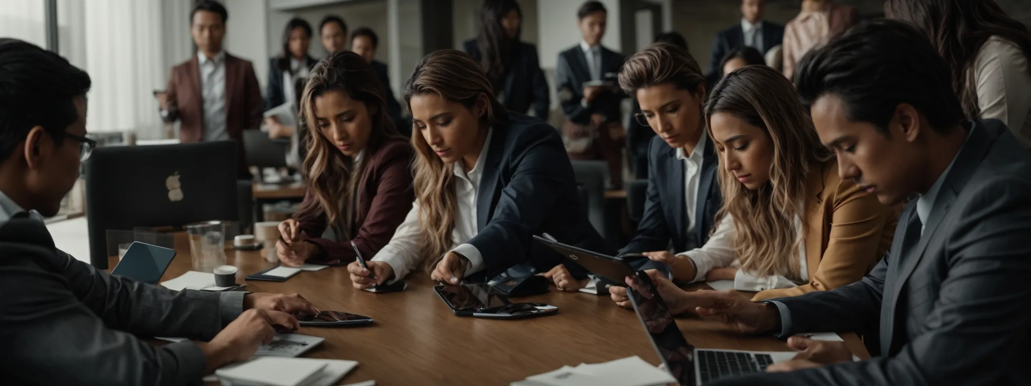 A group of professionals in business attire sit around a conference table, working on laptops, tablets, and papers during a meeting in a modern office setting.