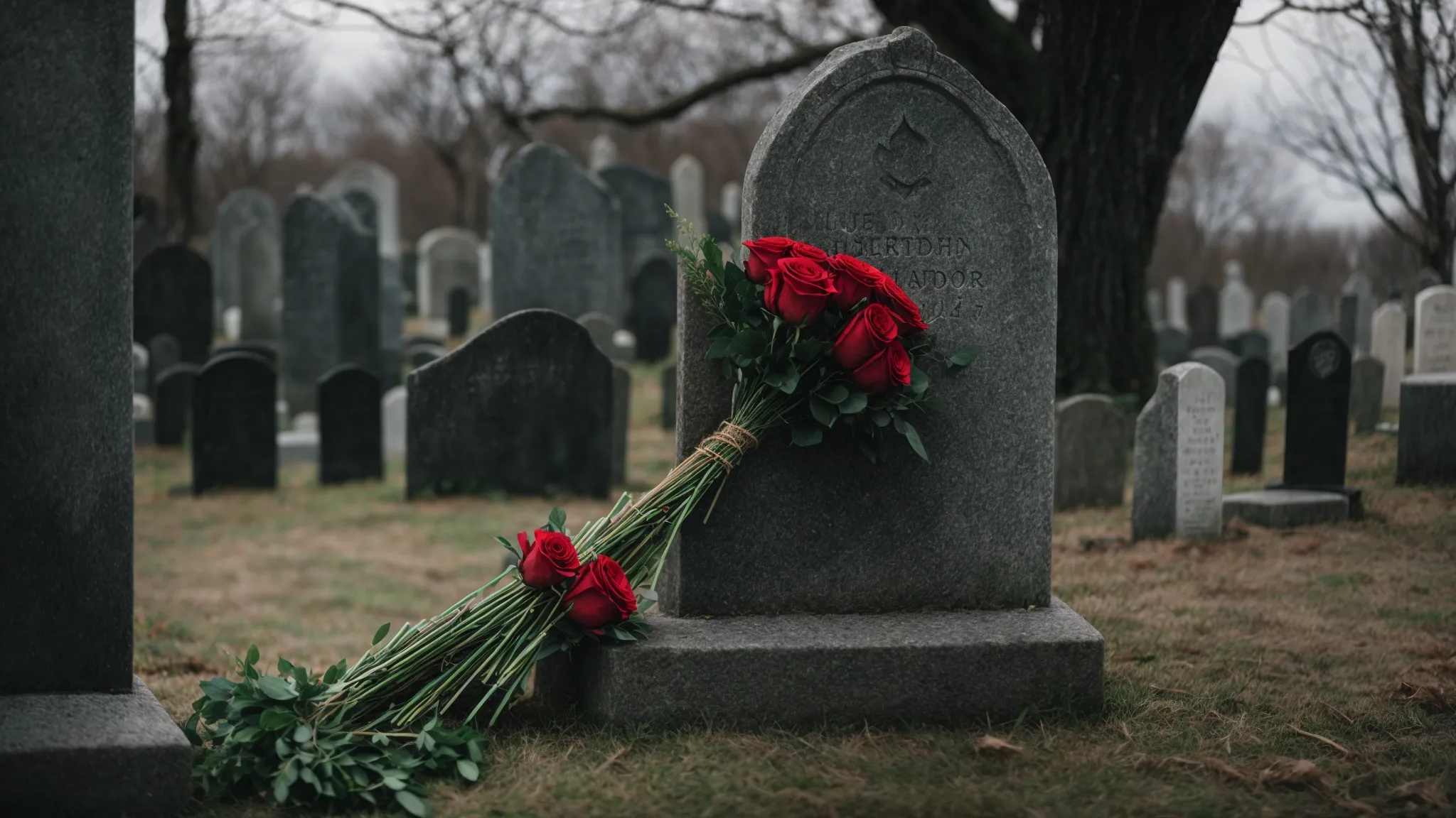 a solemn individual places a bouquet next to a weathered gravestone in a serene cemetery.