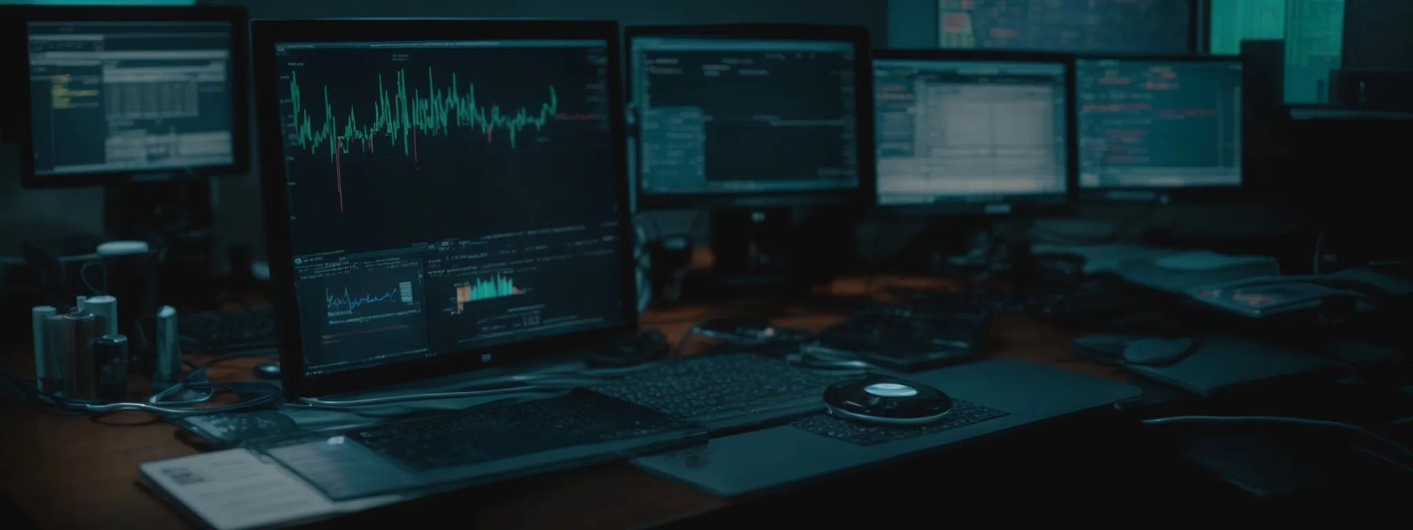a computer screen displaying analytics data with a stethoscope and medical supplies in the background, symbolizing the integration of healthcare and digital marketing.