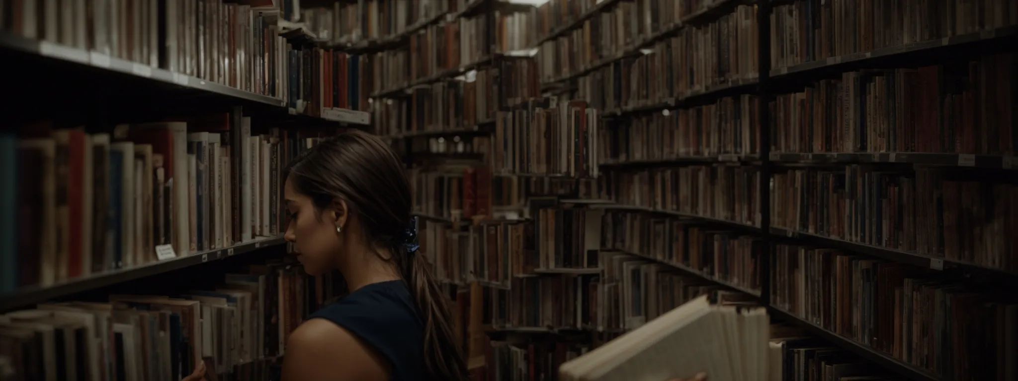 A woman stands between tall bookshelves in a library, holding a stack of books and selecting another from the shelf.