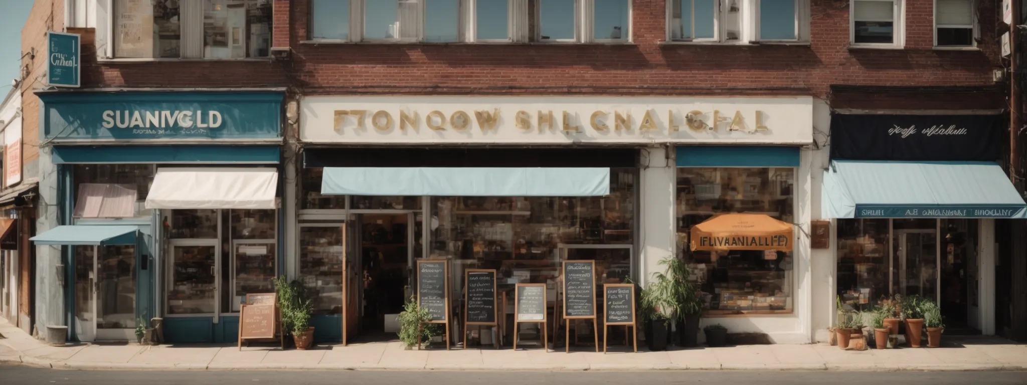 Street view of three storefronts with awnings and signs; sidewalk displays include potted plants and chalkboard menus in front of the central shop.