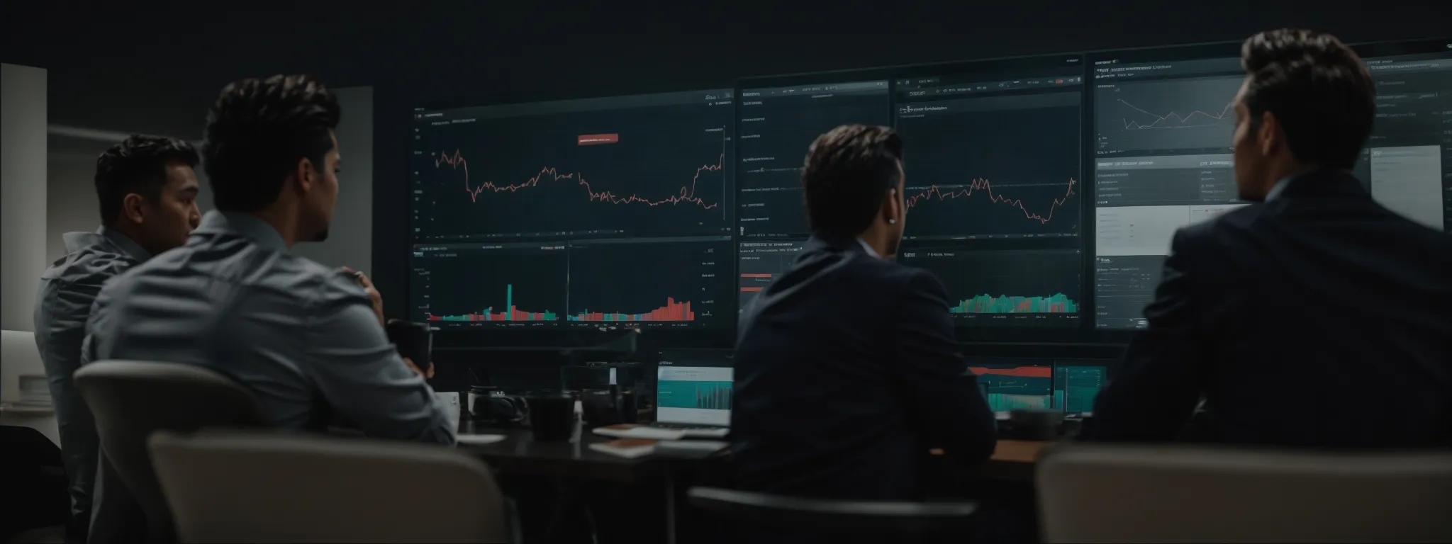 a professional marketing meeting in progress with visible analytics on a screen showing website performance metrics.