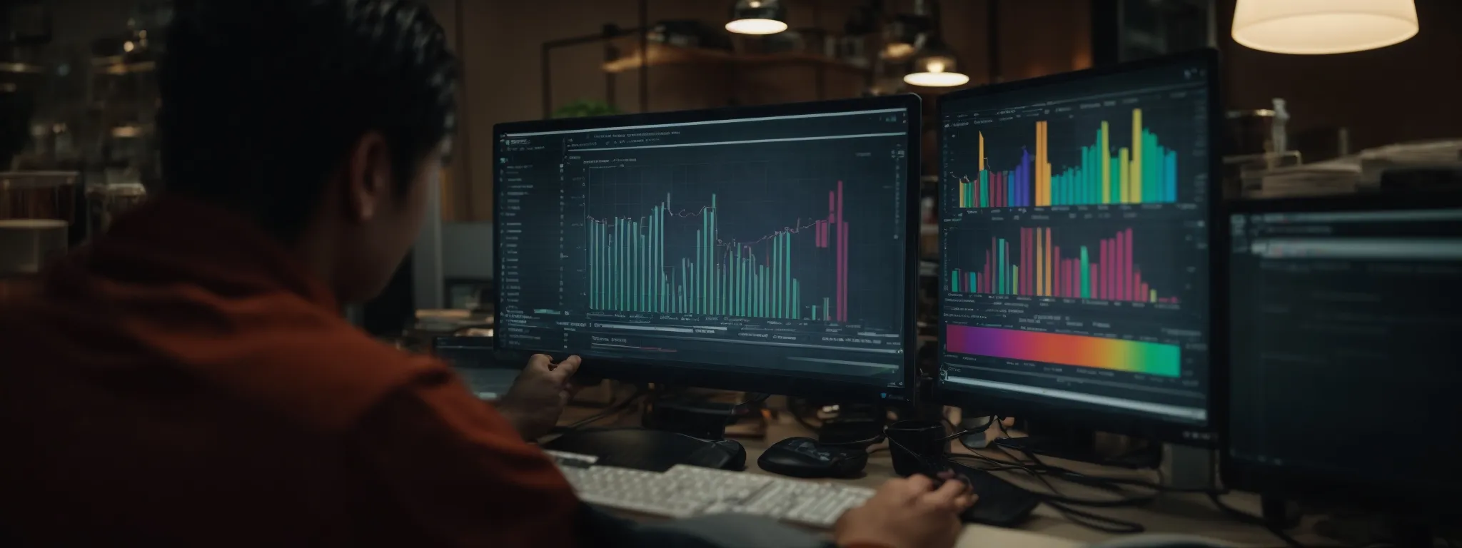a person analyzing a colorful excel line graph on a computer screen showing website load time trends.