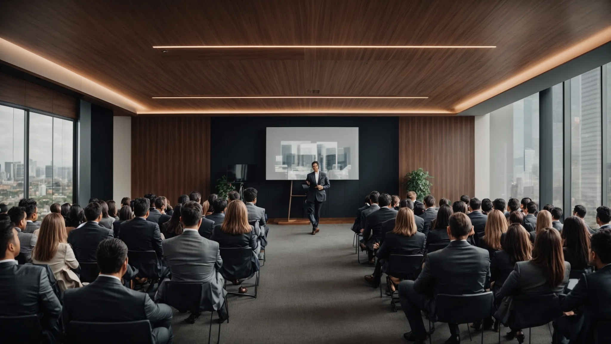 a professional delivers a presentation on reputation management to an audience of focused businesspeople in a modern conference room.