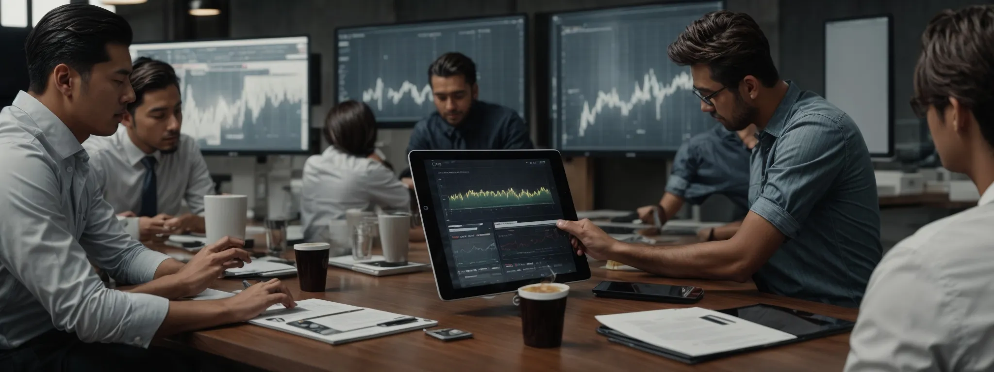 a marketing team analyzes graphs on a digital tablet to refine their advertising strategies.