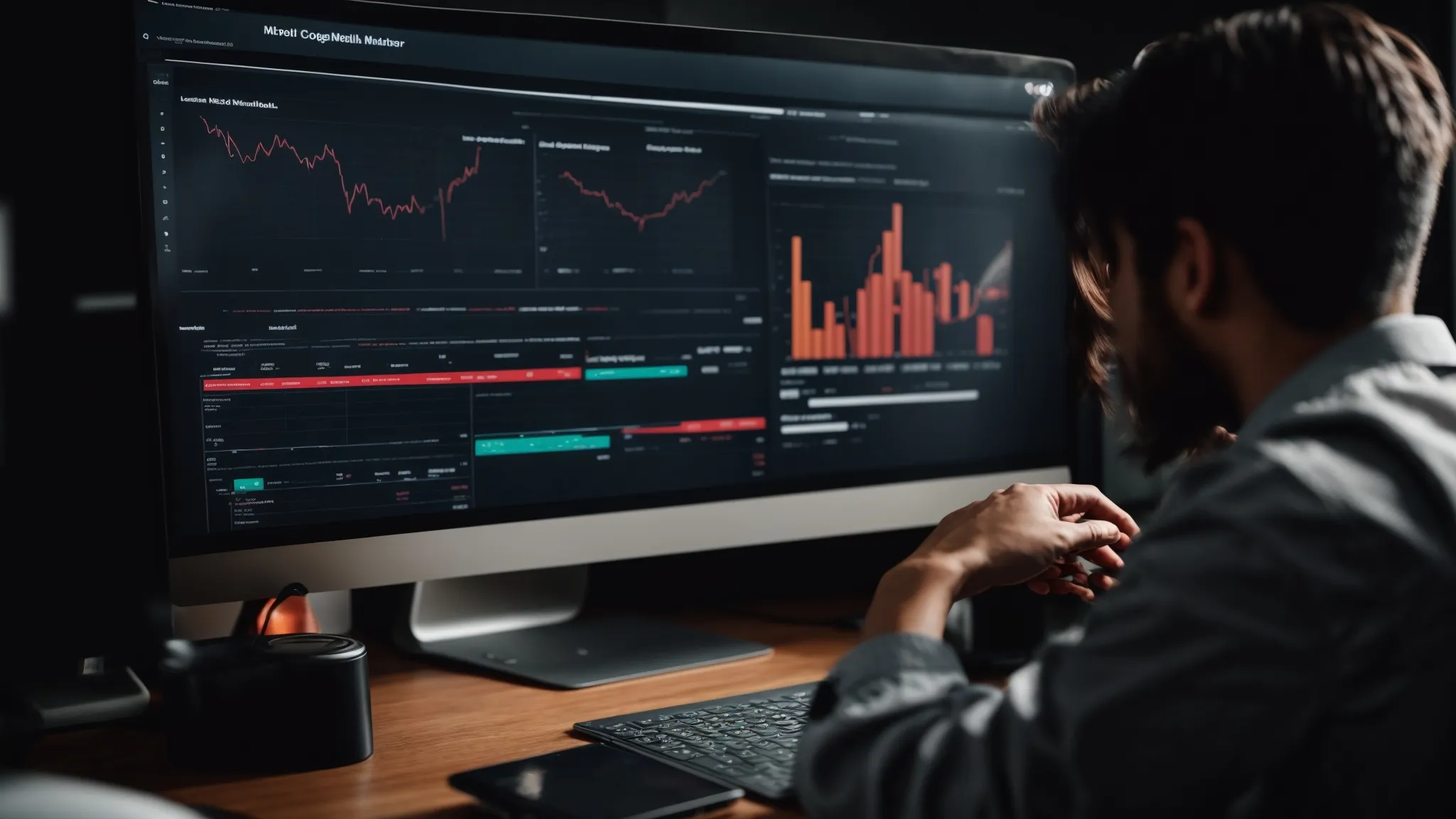 a digital marketer analyzes a website performance report on a computer screen with google analytics graphs visible in the background.