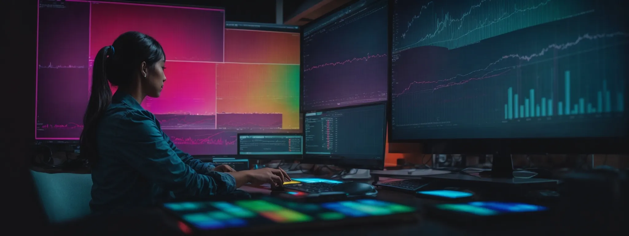 a marketer analyzes a vibrant heatmap on a computer screen while adjusting the seo strategy on a digital analytics dashboard.