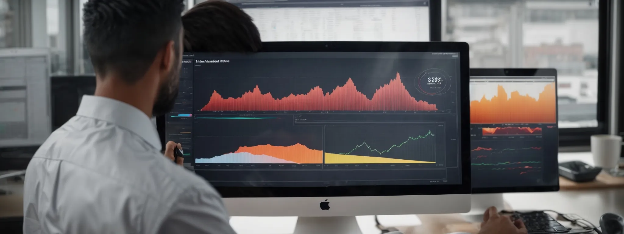 a person analyzing graphs and charts on a digital marketing dashboard to assess the cost-effectiveness of their online advertising campaigns.