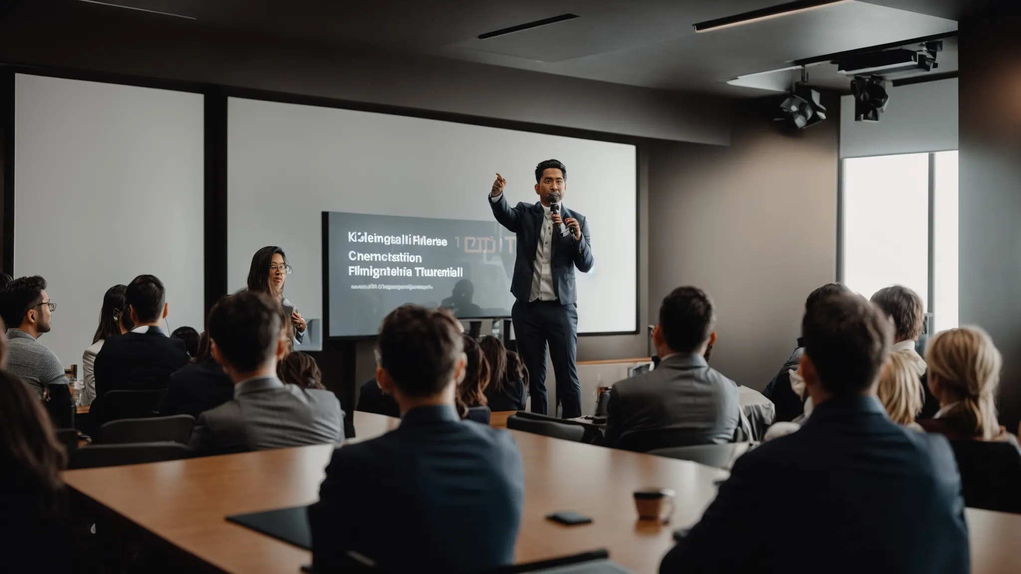a speaker presenting to an engaged audience at a digital marketing seminar.
