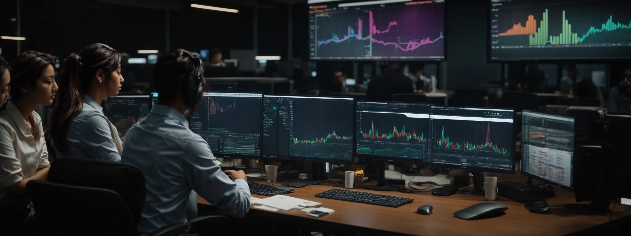 a digital marketing team discusses strategies around a computer displaying colorful analytics graphs, symbolizing the impact of automation in streamlining operations.
