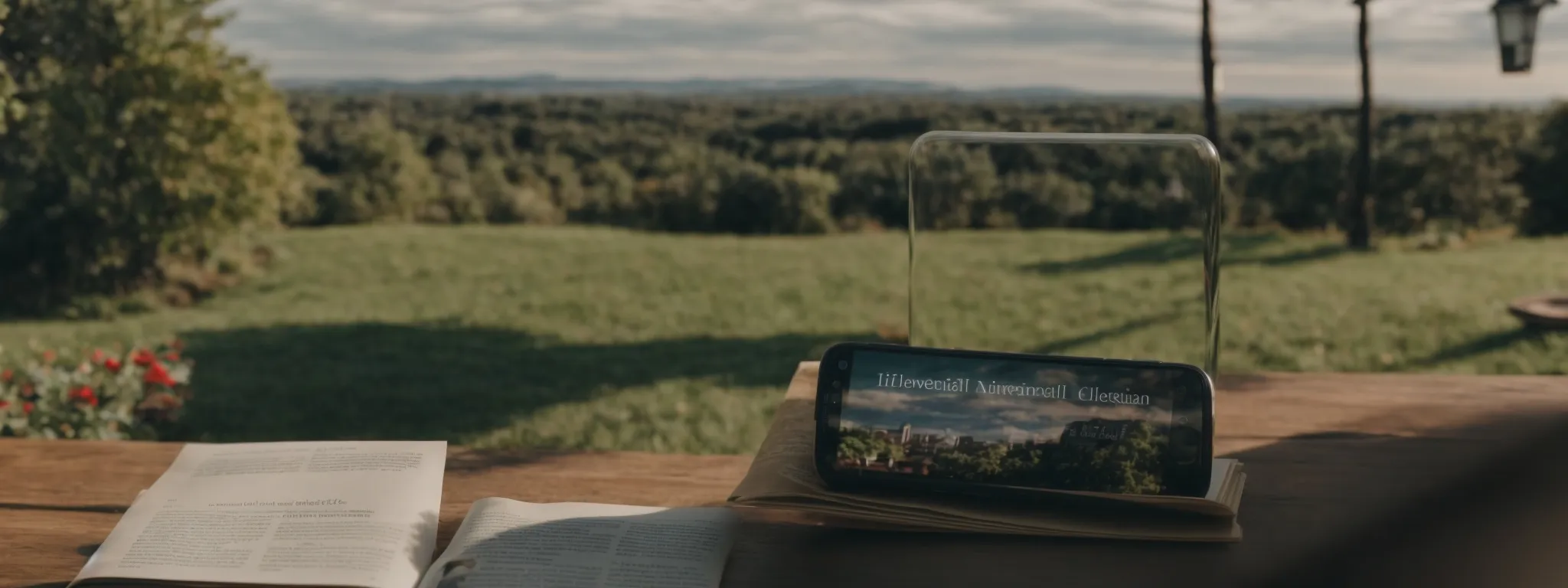 Open books and a smartphone playing a video outdoors on a wooden table with a scenic view of green fields and distant hills