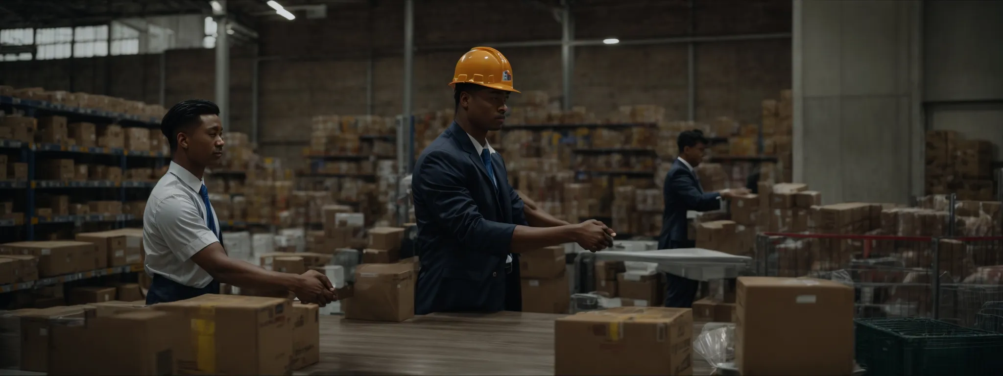 two business professionals shaking hands across a table with a warehouse full of goods in the background.