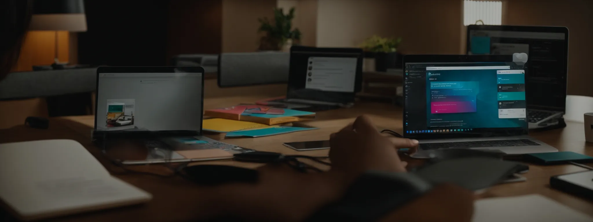 a person seated at a desk with an open laptop displaying a colorful email template.