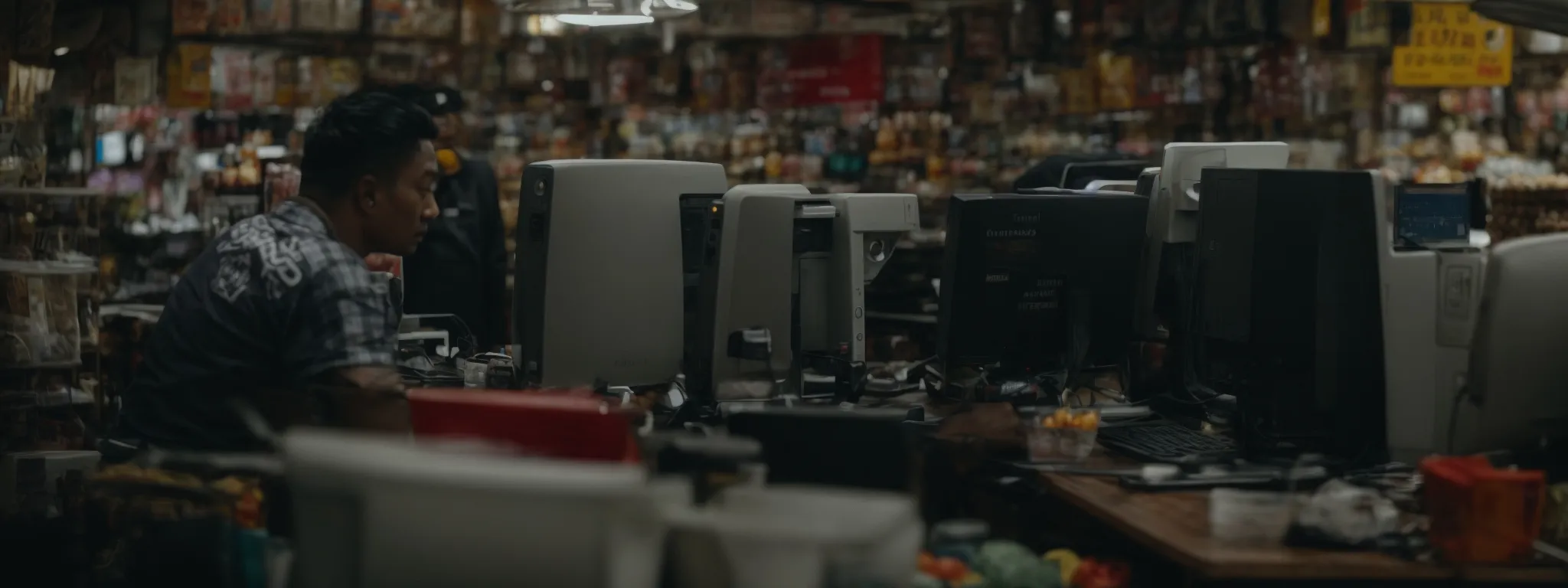 Man using desktop computer in a cluttered store filled with snacks and tech equipment