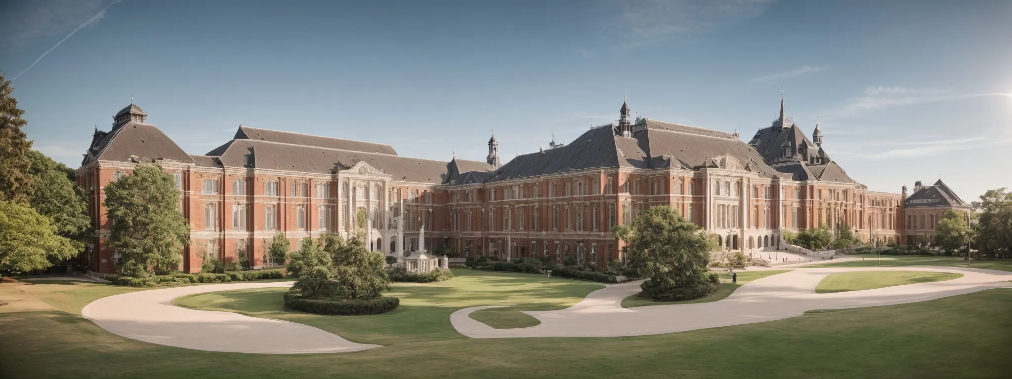 a panoramic view of a prestigious university's main campus under a clear sky, symbolizing its quest to enhance digital reputation.