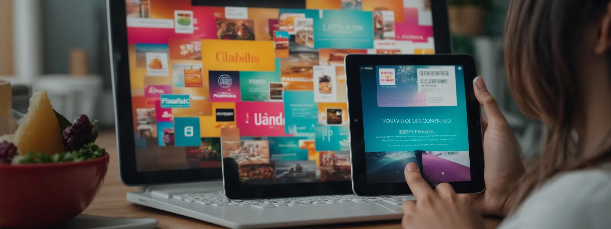 a person clicks on a colorful web advertisement on a digital tablet amidst a background of online shopping icons.