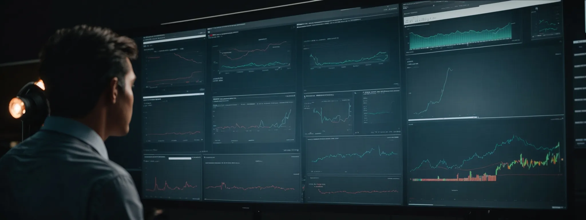 a person intently analyzing data on a large screen displaying various seo metrics and website analytics.