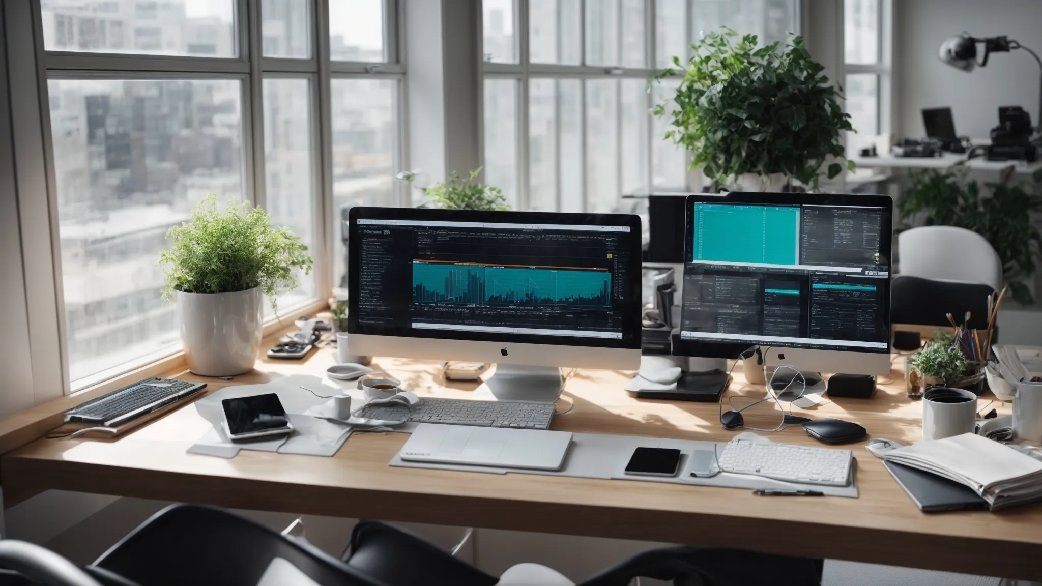 a vast array of modern digital devices displaying analytics and seo software interfaces arrayed across a clean desk space in a bright office.