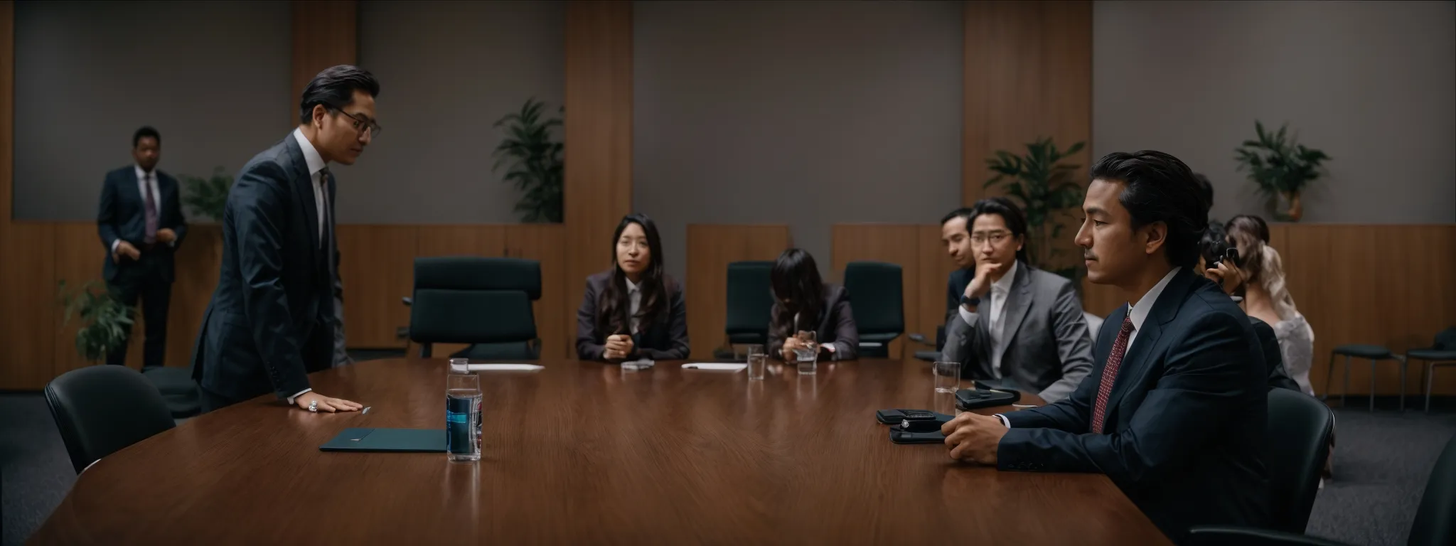 professionals engage in conversation in a conference room with a refreshment table in the background.